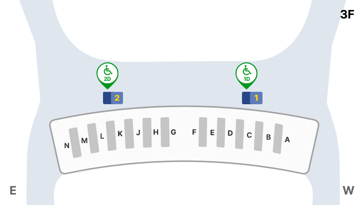 제2여객터미널 교통약자우대출구 위치 안내도 : 면세지역, 일반지역, A-H 체크인카운터, 1~2 출국장 등을 나타내고 있습니다. 제2여객터미널 교통약자우대출구는 3층 1번, 2번 출국장입니다.