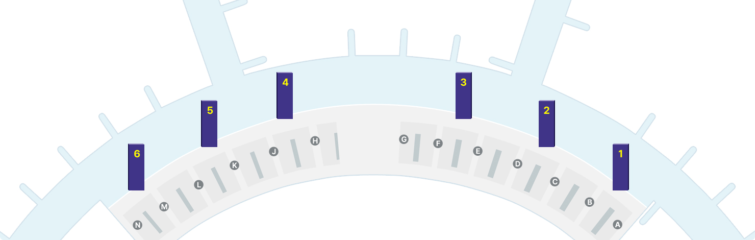 제1여객터미널 3층 안내도 : A~N 체크인 카운터, 1~6 출국장