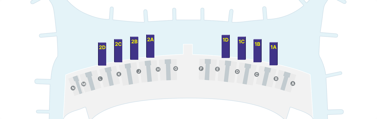 제2여객터미널 3층 안내도 : A~N 체크인 카운터, 1A~2D 출국장