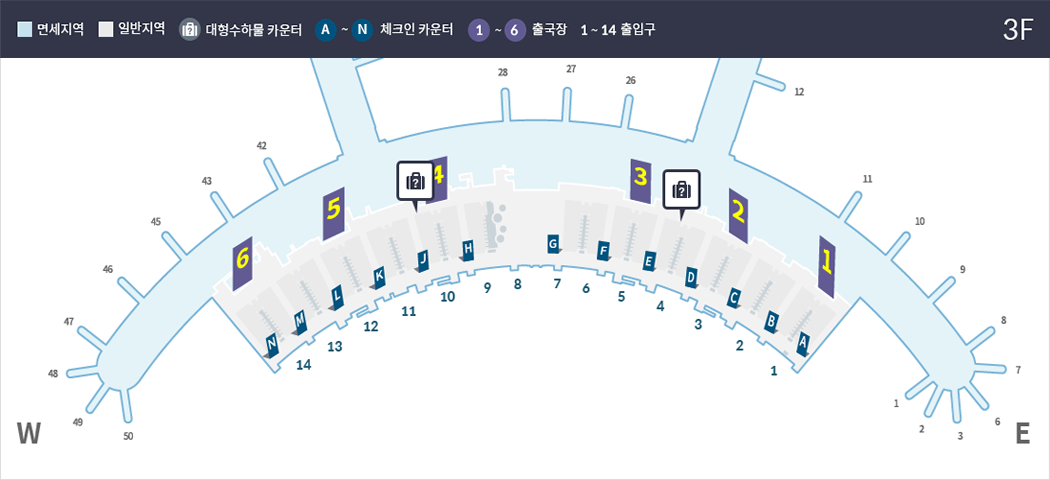 제1여객터미널 대형 수하물 카운터는 3층 일반지역 E와 J 체크인카운터 후면 부근에 위치합니다.