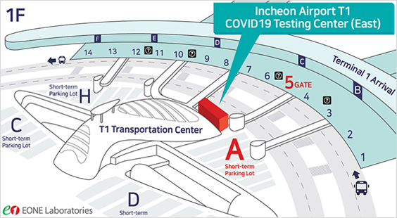 인천공항 COVID-19 검사센터 위치는 제 1여객터미널 교통센터 지상 1층 외부 동편 다락휴 호텔 앞 외부 출입구 인근