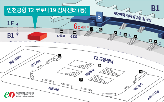 인천공항 T2 코로나19 검사센터(동)
 위치는 제2여객터미널 지하 1층 동편주차장 (다락휴 인근) 부근입니다