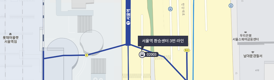 서울역 심야버스 정류장 위치도 : 서울역 환승센터 3번 라인 정류장번호(02003)