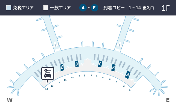 렌터카 위치안내도 : 면세지역, 일반지역, 체크인카운터(A~N), 출입구(1~14)등을 나타내고 있습니다. 제1여객터미널 렌터카 위치는 일반지역 1층 2번 출입구 부근입니다.